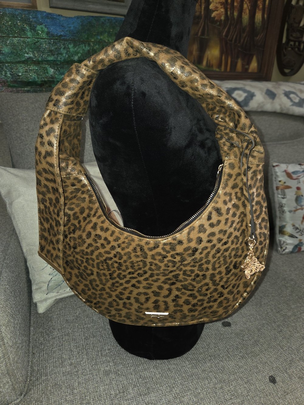 Jessica Simpson Luna Leopard & Gold Print Shoulder Hobo Sling Bag - Brown & Gold